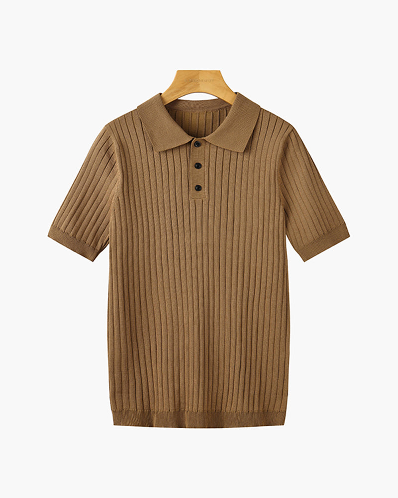 Men's Ribbed Knitted Polo Shirt, Short Sleeves, Button Placket