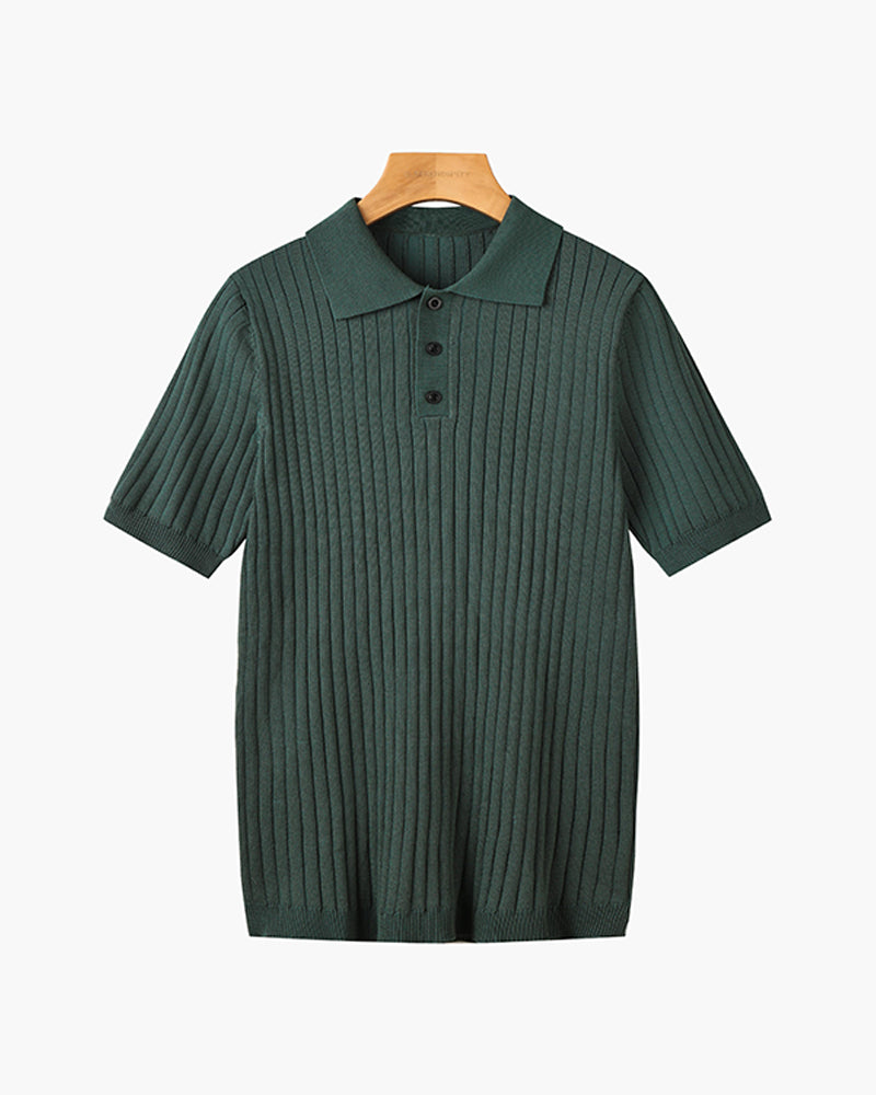 Men's Ribbed Knitted Polo Shirt, Short Sleeves, Button Placket