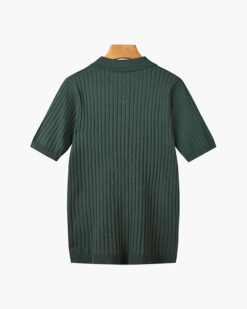 Men's Ribbed Knitted Polo Shirt, Short Sleeves, Button Placket