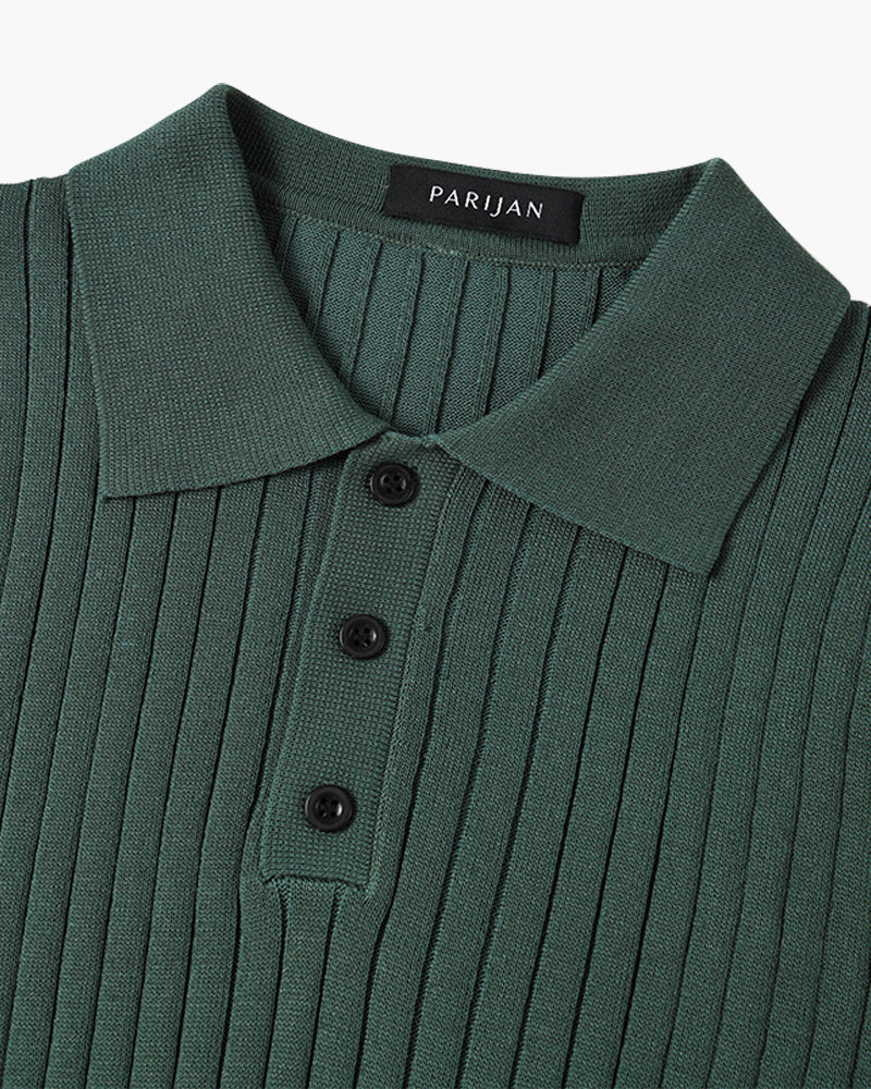 Men's Ribbed Knitted Polo Shirt, Short Sleeves, Button Placket