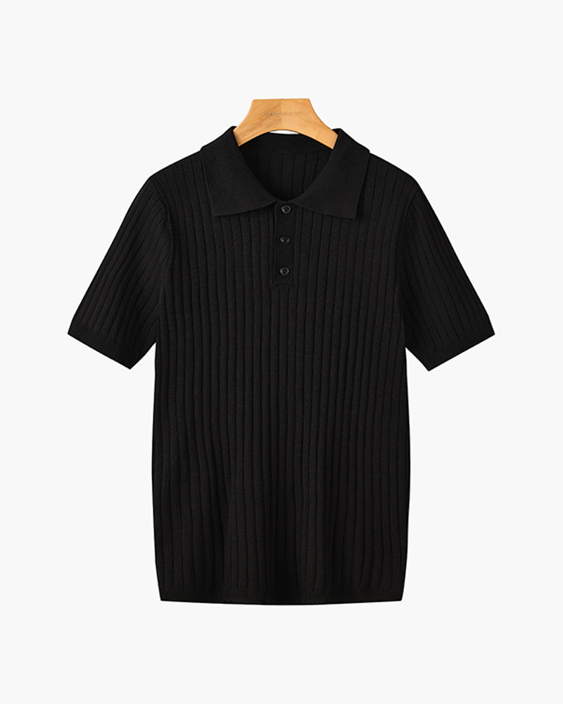 Men's Ribbed Knitted Polo Shirt, Short Sleeves, Button Placket