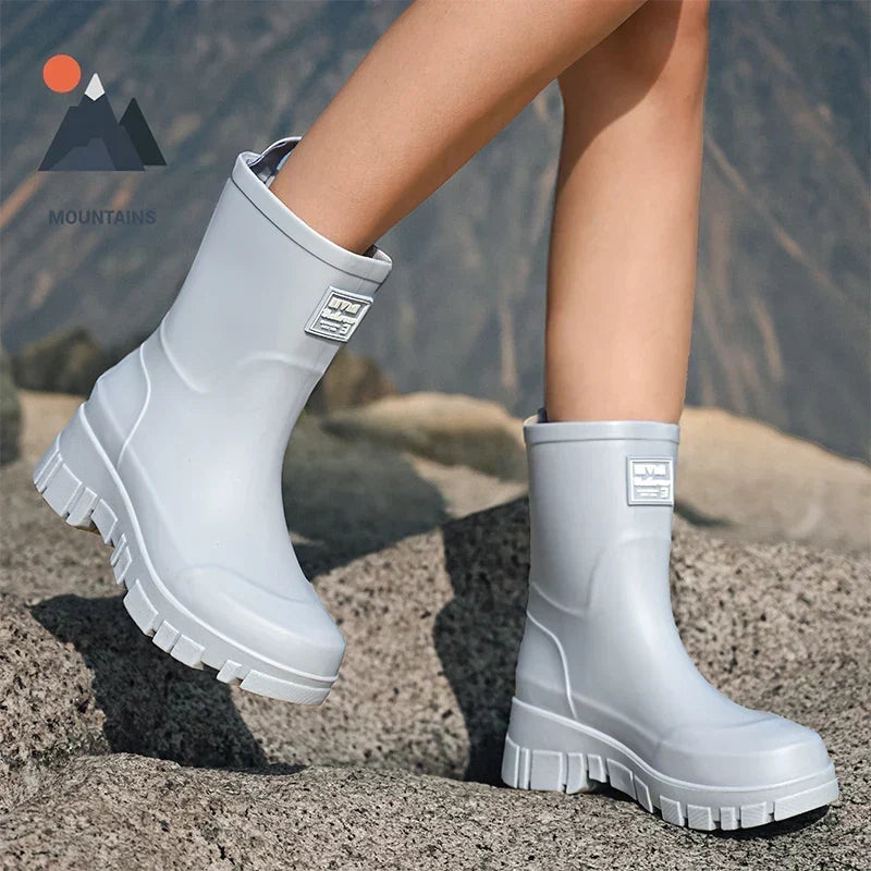 Women's Waterproof Boots in Molded Rubber | Block Heel, Mid Calf Shaft, Deep Treaded Outsole | Sizes 3.5-7.5, 4 Colors