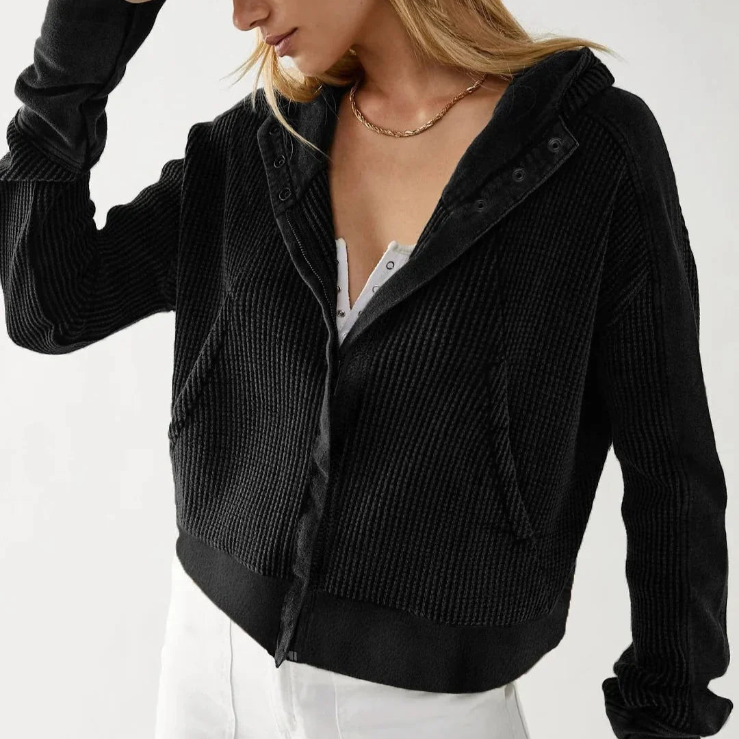 Christina | Womens Cropped Zip Hoodie in Waffle Cotton | Snug Hood, Textured Fabric | Pine, Blue and More S-XL