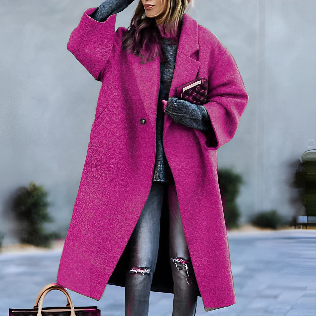 Women's Long Lapel Coat, Single Button, Front Pockets