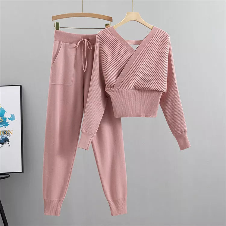 Women's Ribbed Knit Two-Piece Set with Backless Top