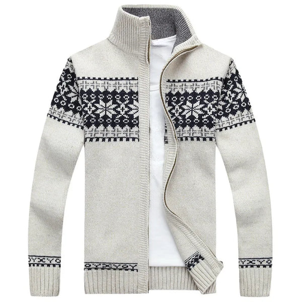 Men's Patterned Knit Cardigan, High Collar, Zip Front