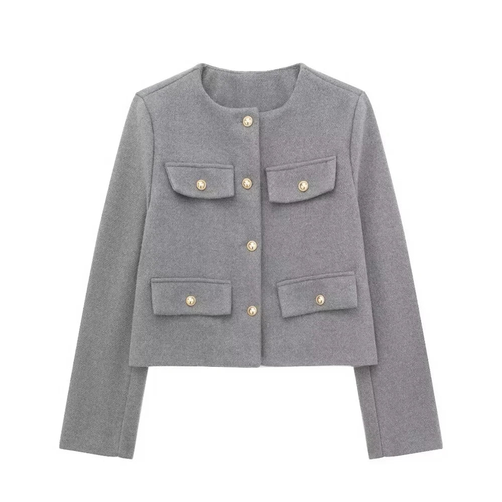 Women's Cropped Wool Blend Jacket with Gold Buttons