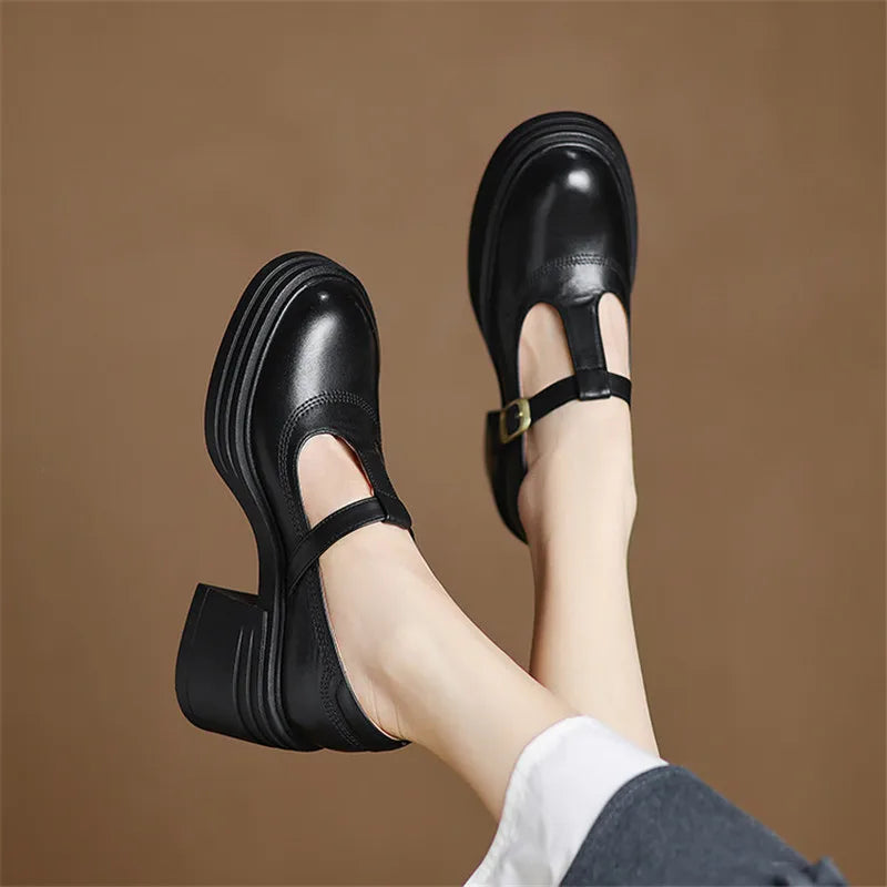 Women's Mary Jane Pumps with Gold Tone T-Strap Buckle | Round Toe, Wide Block Heel of 4-5 cm | Size 5-8, 3 Colors