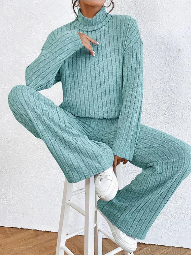 Women's Ribbed Turtleneck Sweater and Wide-Leg Pants Set