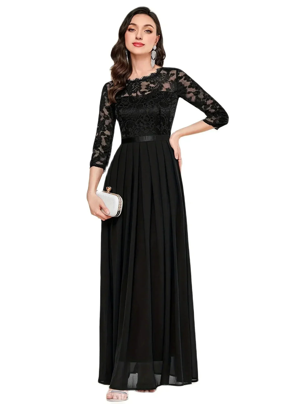 Women's Lace Overlay Maxi Dress with 3/4 Sleeves | Pleated Floor Length Skirt | Size S-2XL, 4 Colors
