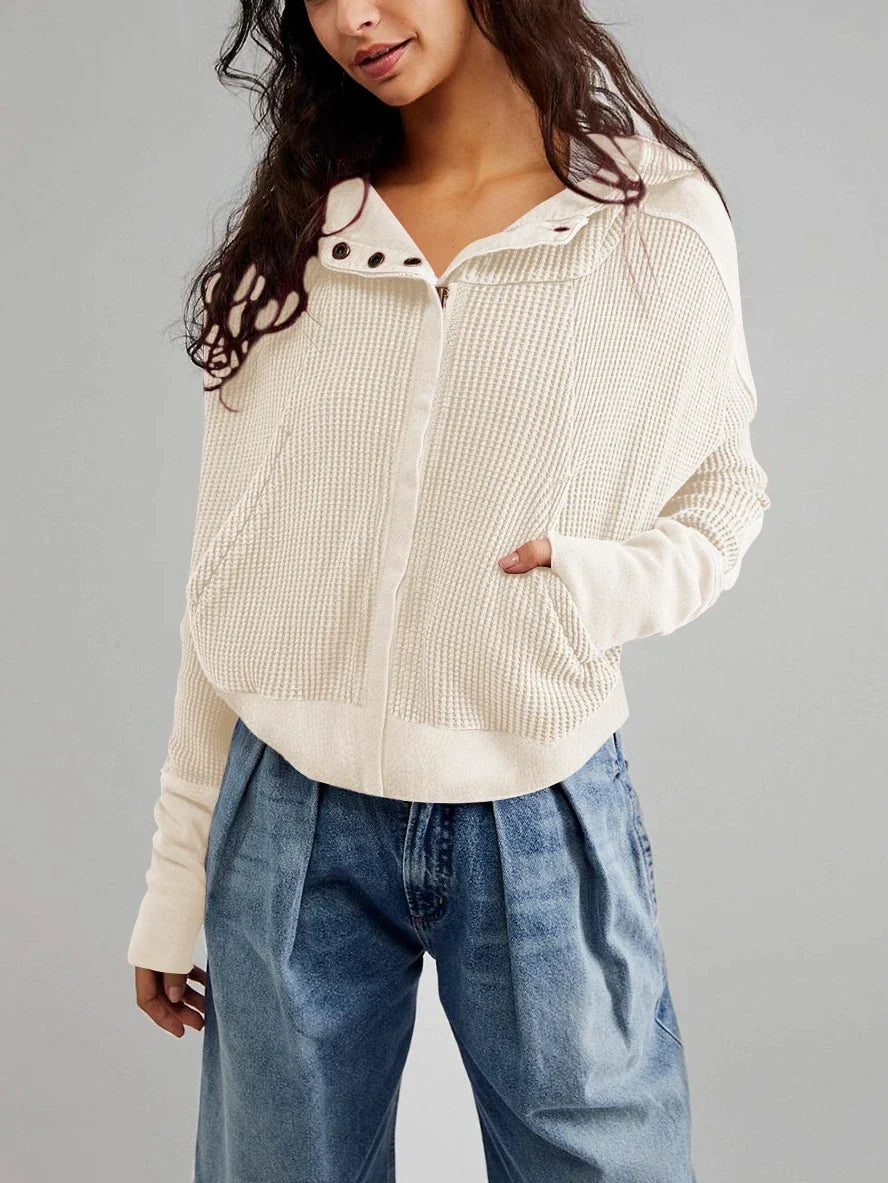 Christina | Womens Cropped Zip Hoodie in Waffle Cotton | Snug Hood, Textured Fabric | Pine, Blue and More S-XL