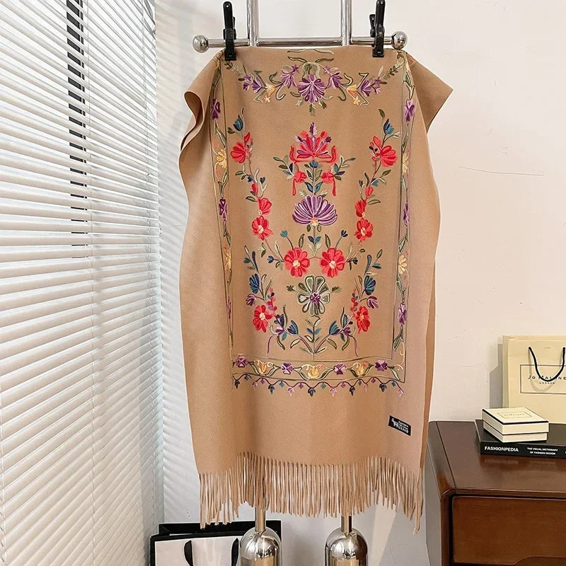 Women's Oversized Cashmere Wool Scarf | Floral Print with Fringed Edges | Winter Wrap in 6 Colors