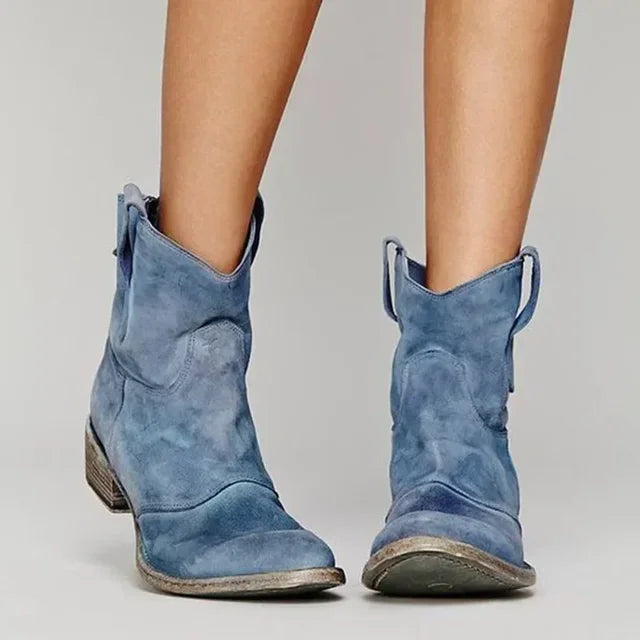 Caitlin | Womens Suede Western Ankle Boots with Low Block Heel | Pull-On Side Tabs | Brown, Black, Blue and More 2-11