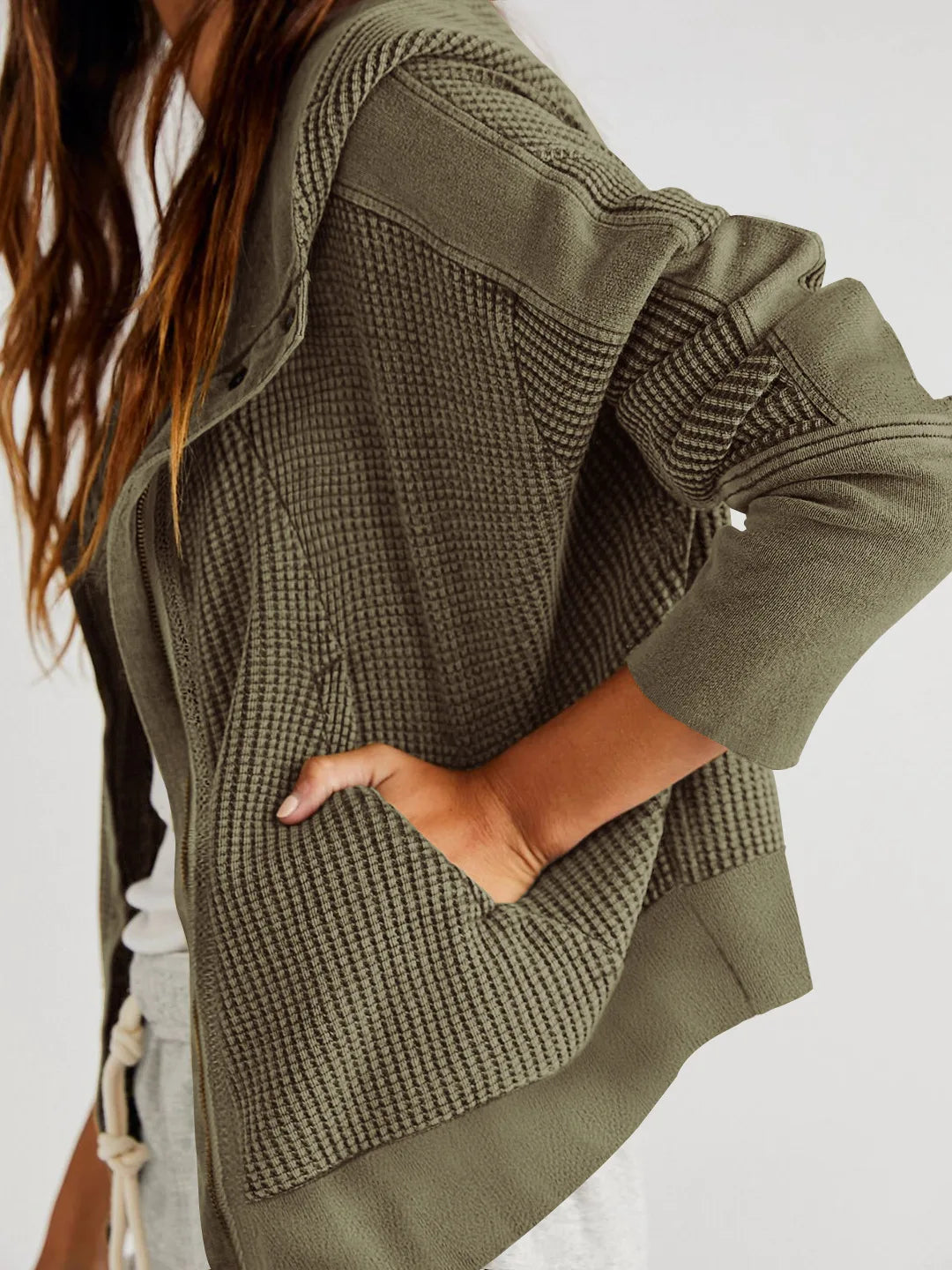 Christina | Womens Cropped Zip Hoodie in Waffle Cotton | Snug Hood, Textured Fabric | Pine, Blue and More S-XL