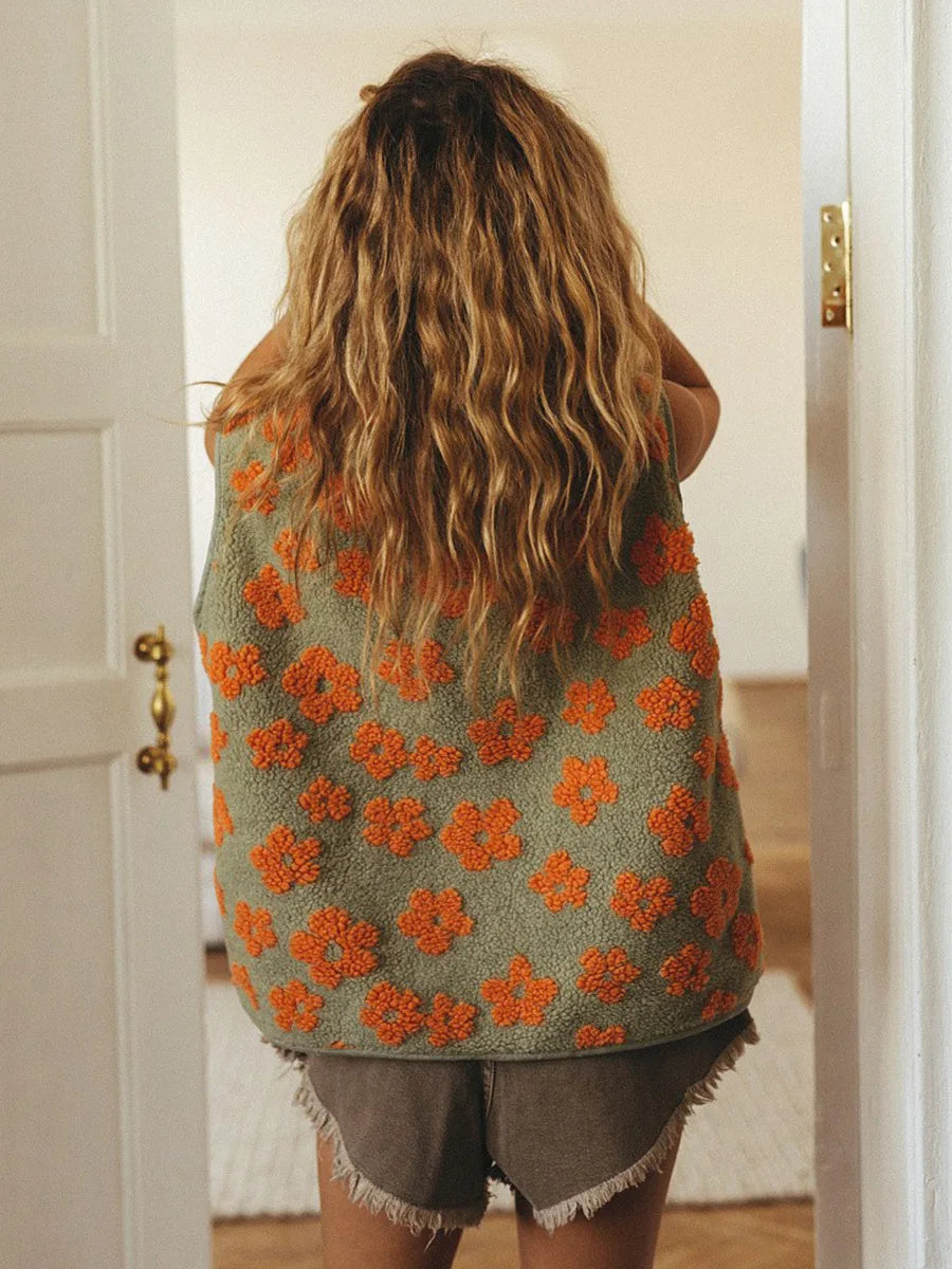 Chiara Floral Sherpa Button-Front Vest