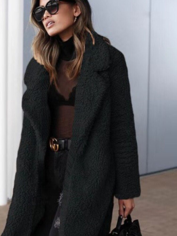 Sandra | Womens Long Teddy Coat in Soft Fleece | Long Length for Cold Days | Apricot, Black, Dark Gray and More S-3XL