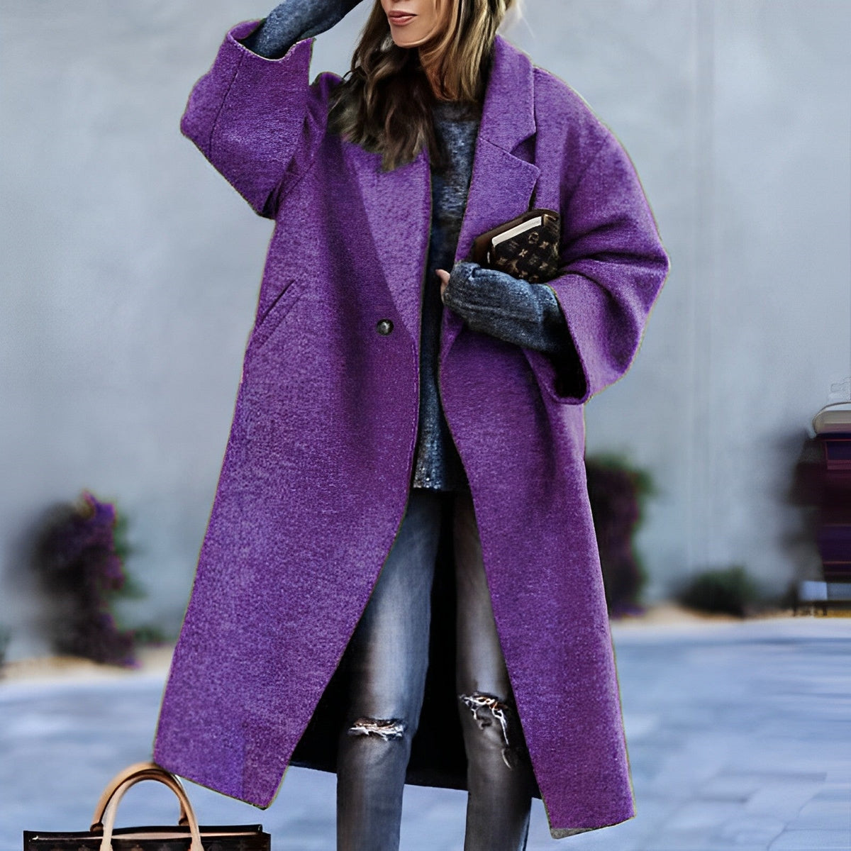 Women's Long Lapel Coat, Single Button, Front Pockets