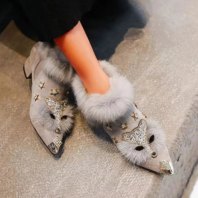 Women's Pointed Toe Ankle Boots with Faux Fur Trim | Rhinestone Detailing, Metal Cap and Block Heel | 2 Colors