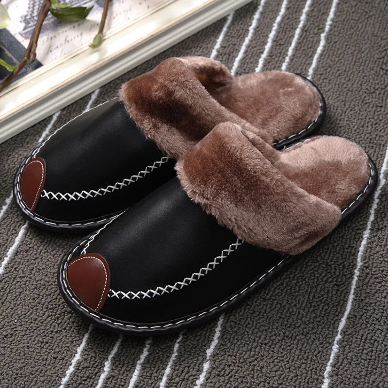 Women's Winter Slippers with a Leather Upper | Closed Toe Mules with a Plush Collar and an Open Back | 7 Colors
