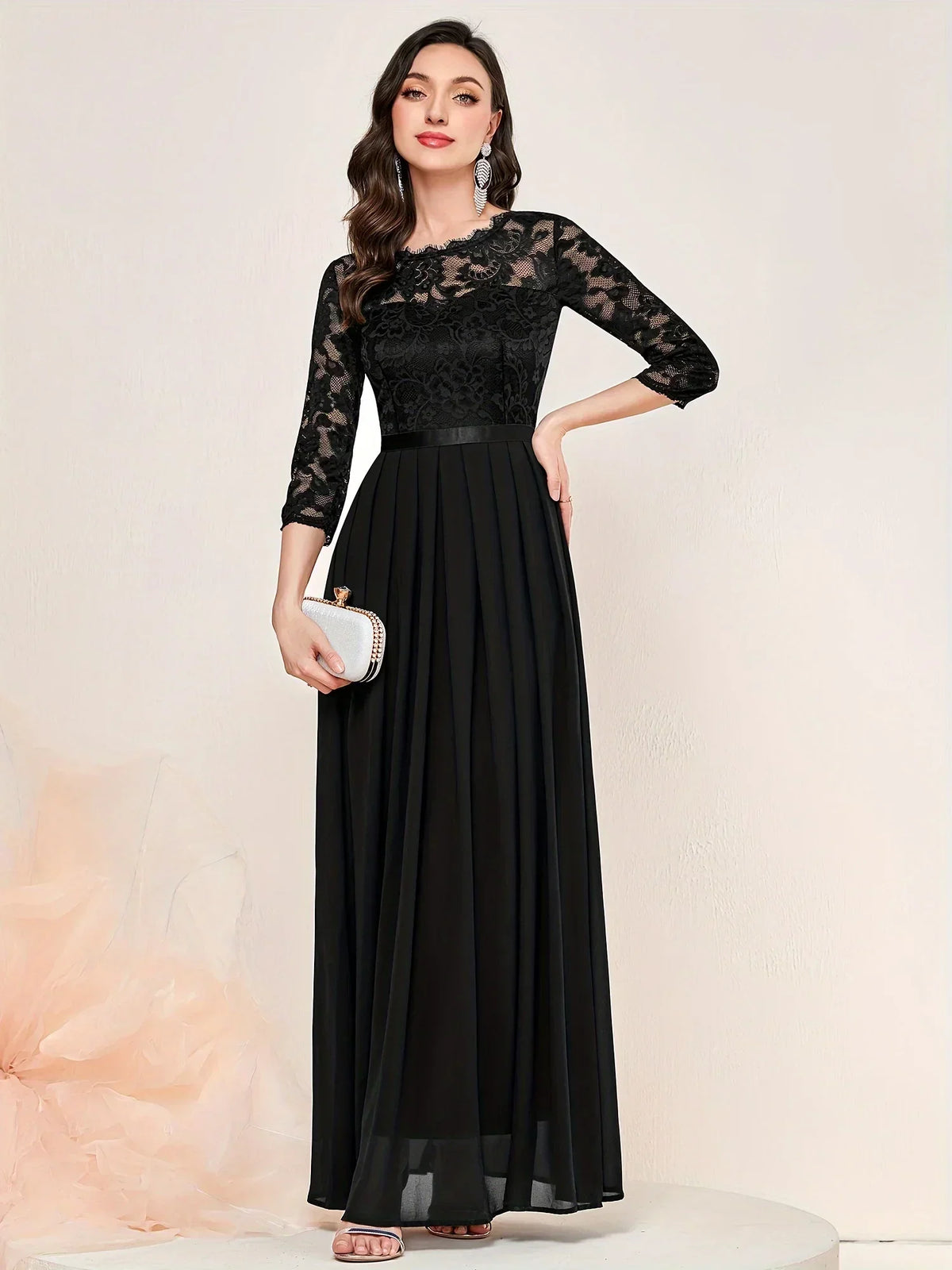 Women's Lace Overlay Maxi Dress with 3/4 Sleeves | Pleated Floor Length Skirt | Size S-2XL, 4 Colors