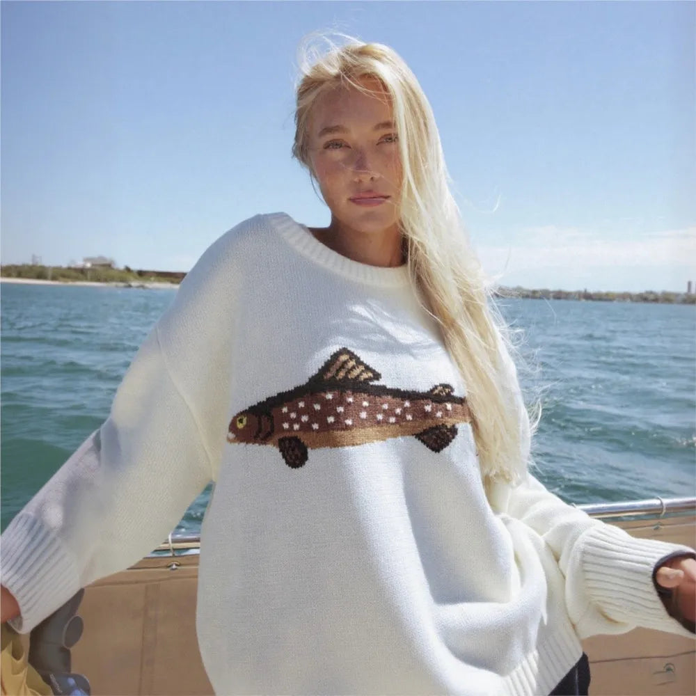 Hadley | Womens Half-Zip Knit Sweater with Fish Pattern | Wool-Blend, Ribbed Cuffs | Forest Green, Black and More XS-XL