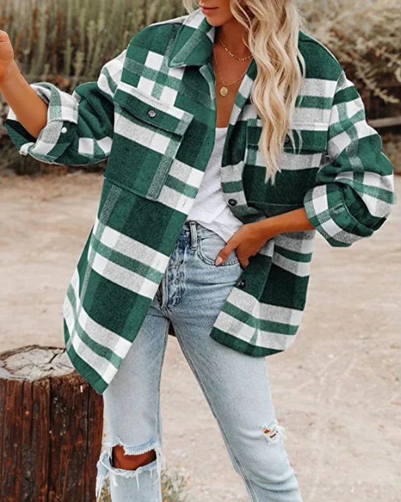 Women's Plaid Shacket with Button Front and Oversized Fit