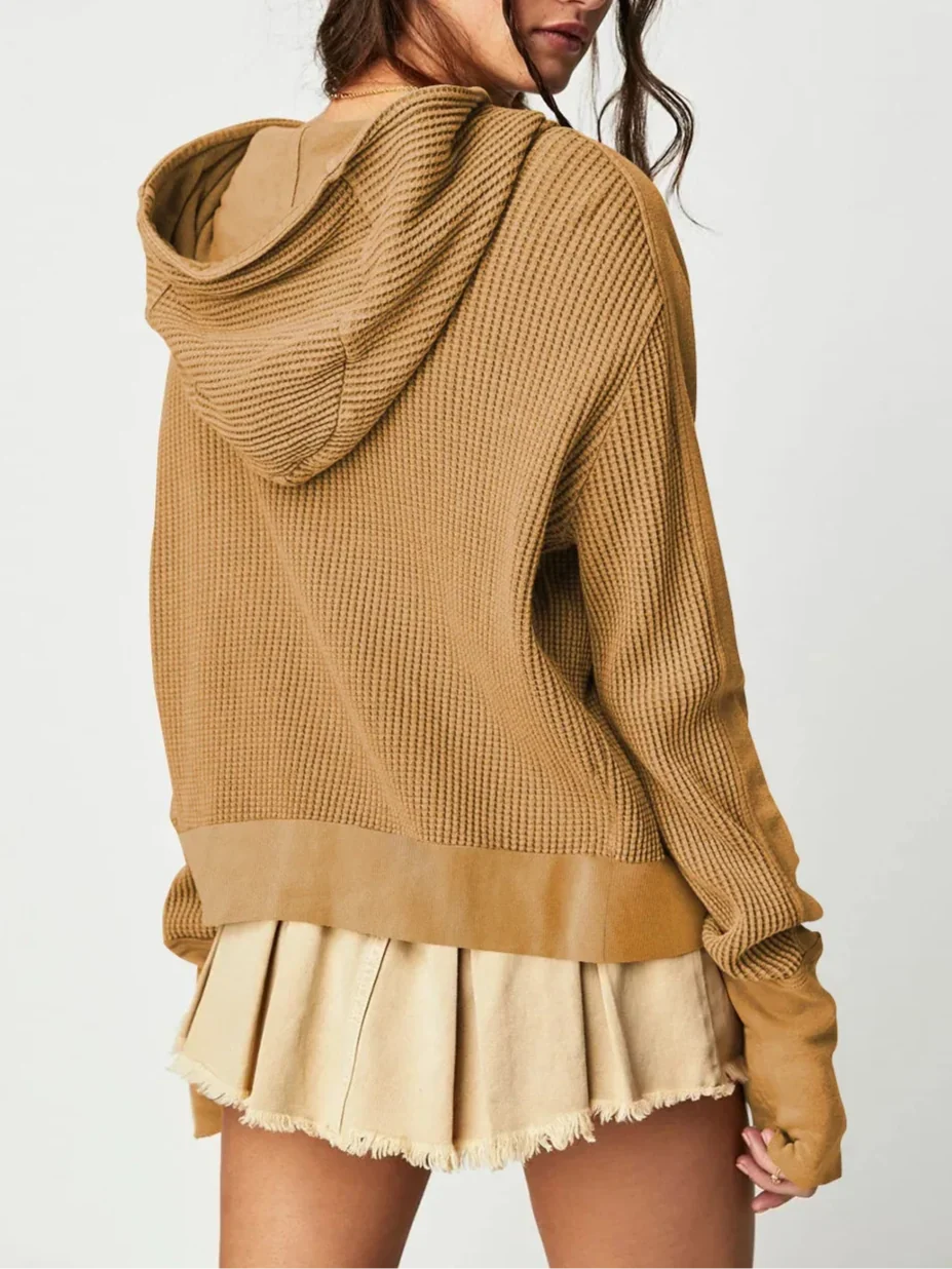 Christina | Womens Cropped Zip Hoodie in Waffle Cotton | Snug Hood, Textured Fabric | Pine, Blue and More S-XL