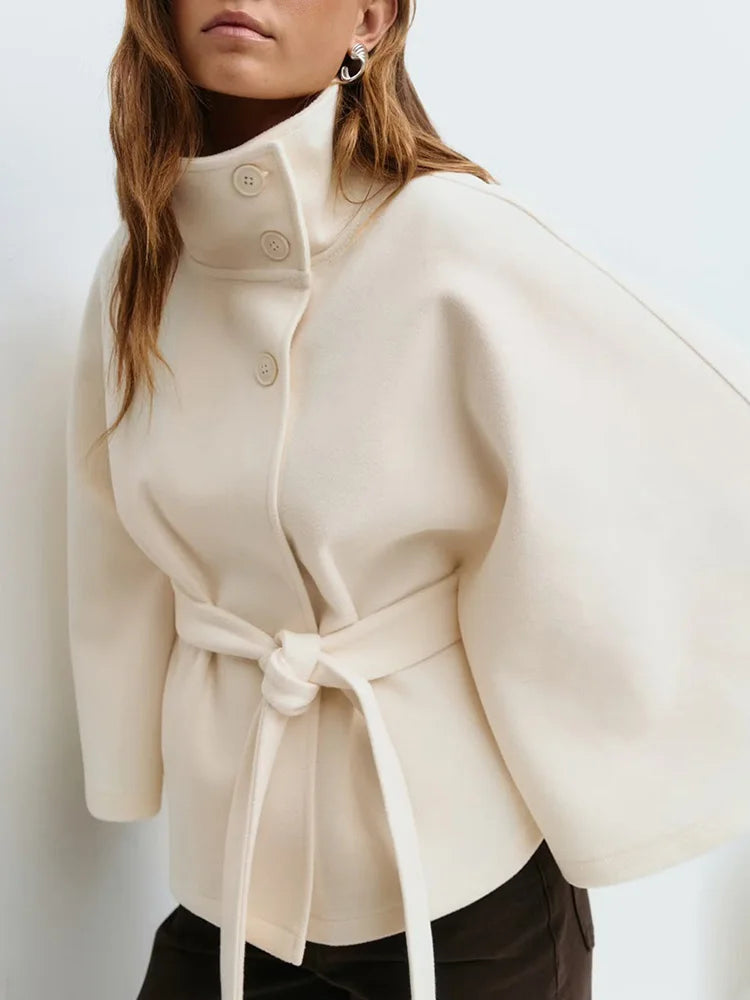 Leslie | Womens Wool Blend Cape Coat with Belted Waist | Stand Collar, Cape Sleeves | Navy, Black, Khaki and More S-2XL