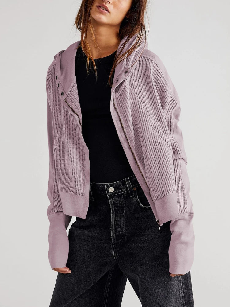 Christina | Womens Cropped Zip Hoodie in Waffle Cotton | Snug Hood, Textured Fabric | Pine, Blue and More S-XL