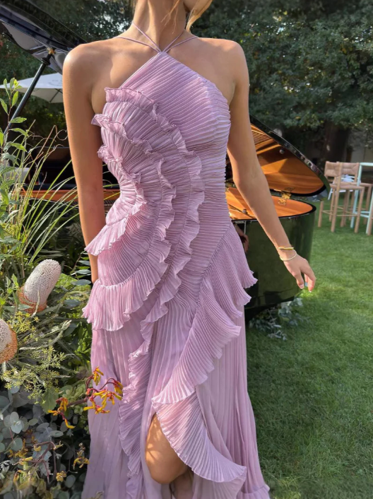 Women's Halter Neck Wedding Guest Dress | Pleated Drape and a Flowing Skirt for Garden Receptions | Size XS-XL