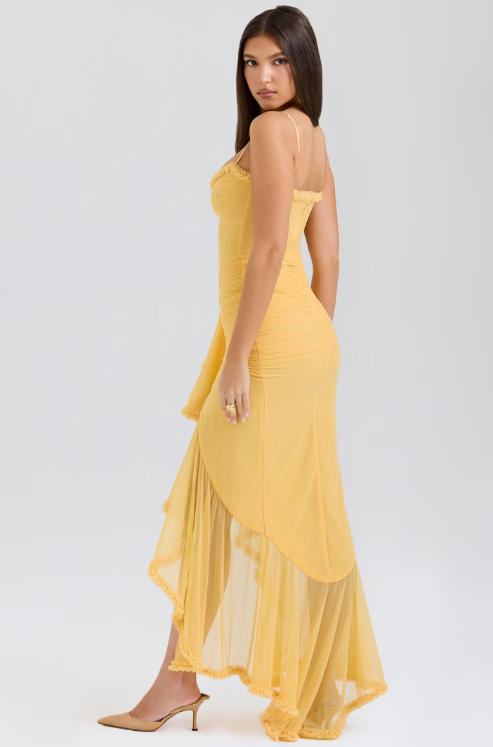 Women's Lace Wedding Guest Dresses with a Draped Waist | Cascading Ruffles and a High Low Hem | Size S-XL, 4 Colors