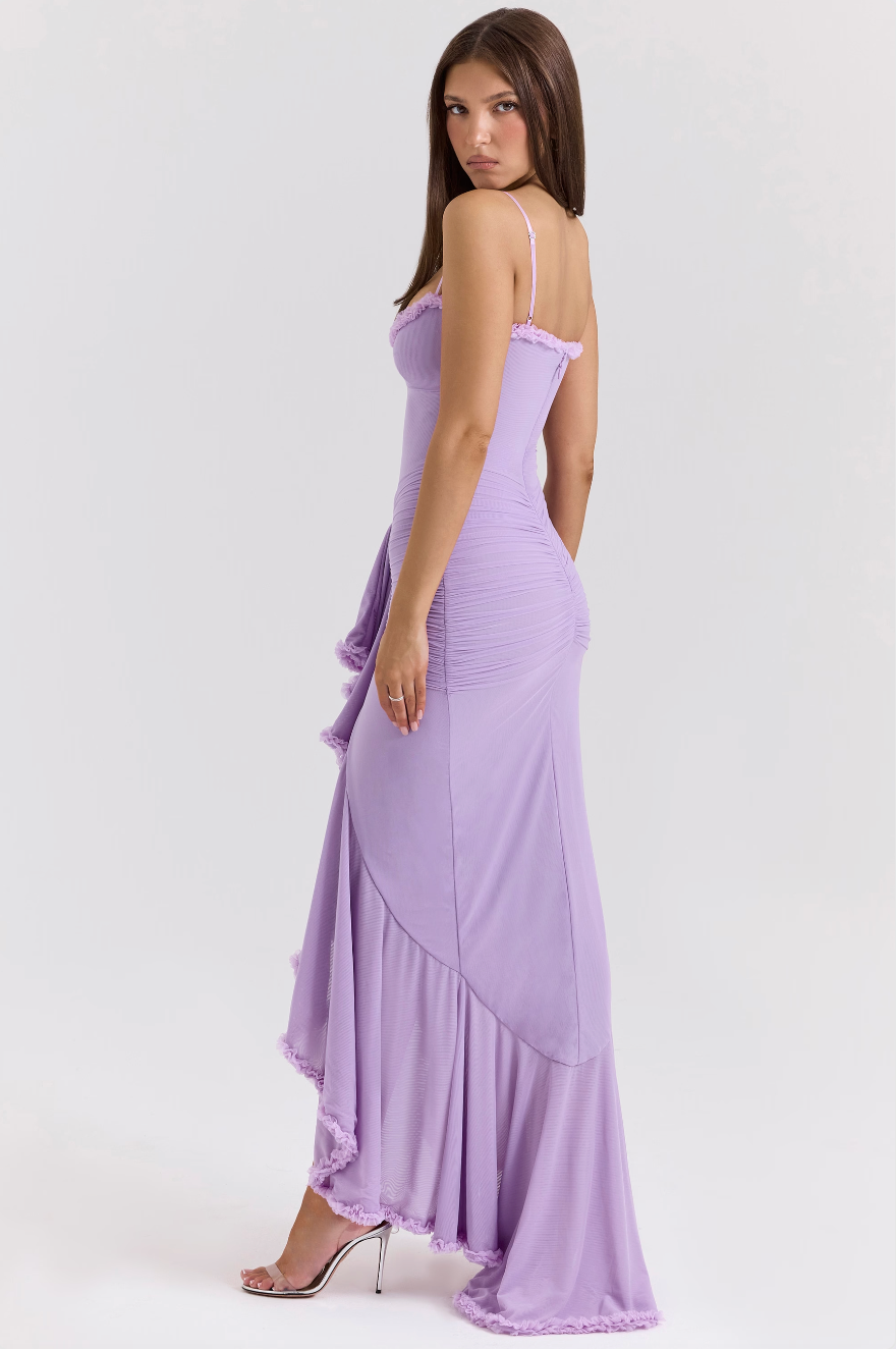 Women's Lace Wedding Guest Dresses with a Draped Waist | Cascading Ruffles and a High Low Hem | Size S-XL, 4 Colors
