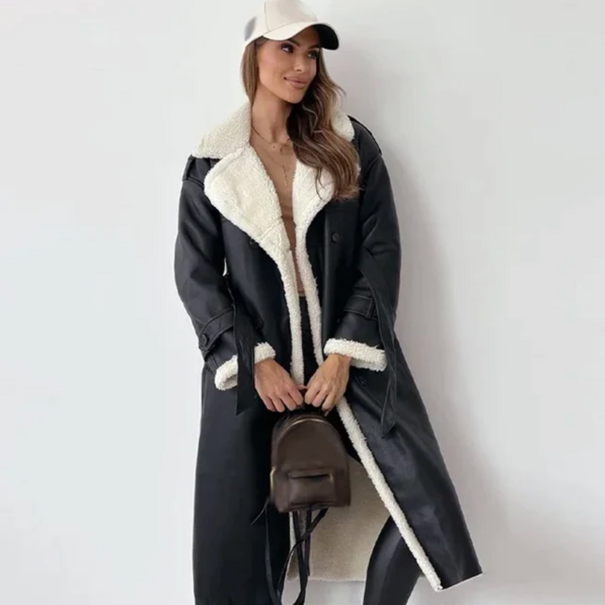 Women's Long Winter Coat, Shearling Trim, Double-Breasted