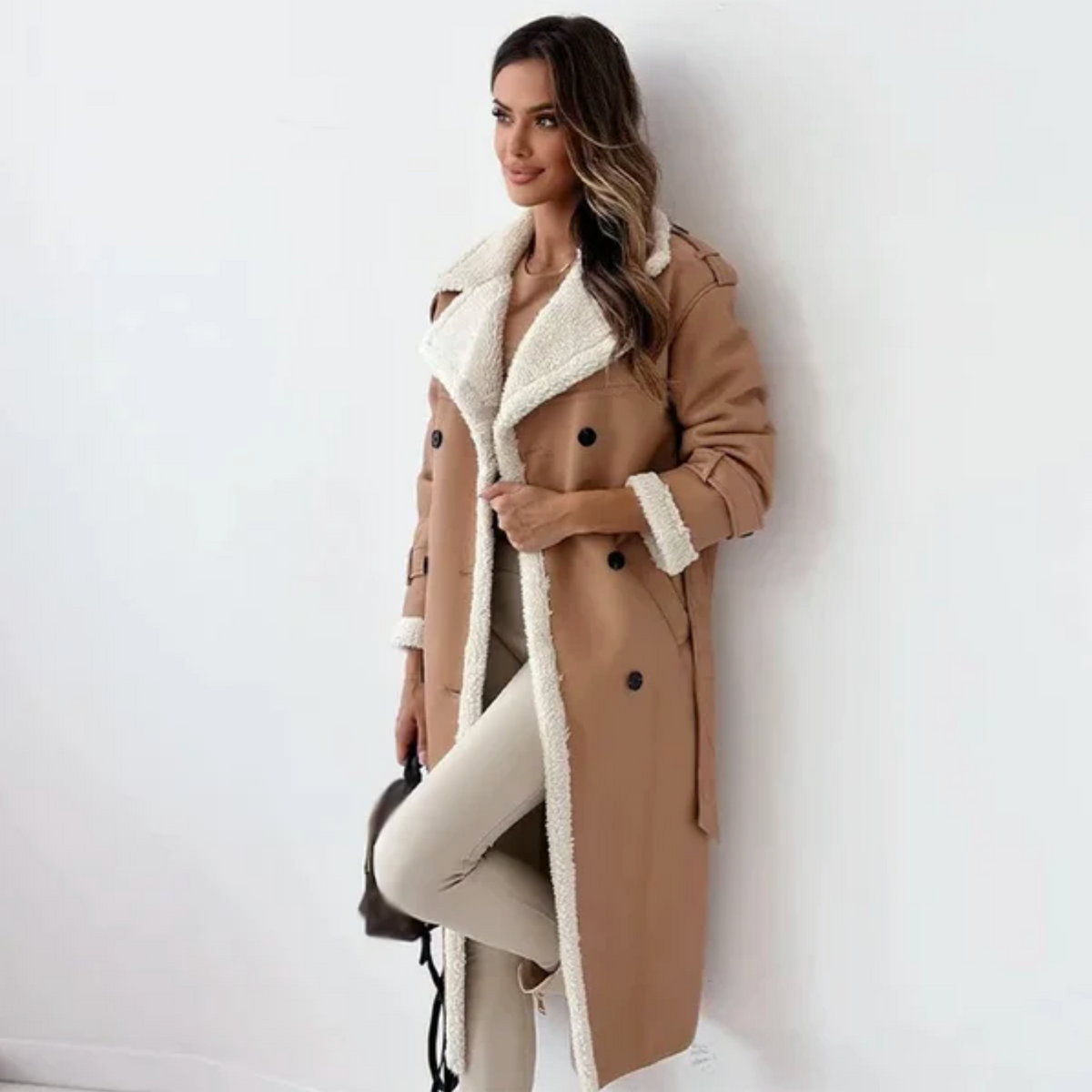 Women's Long Winter Coat, Shearling Trim, Double-Breasted