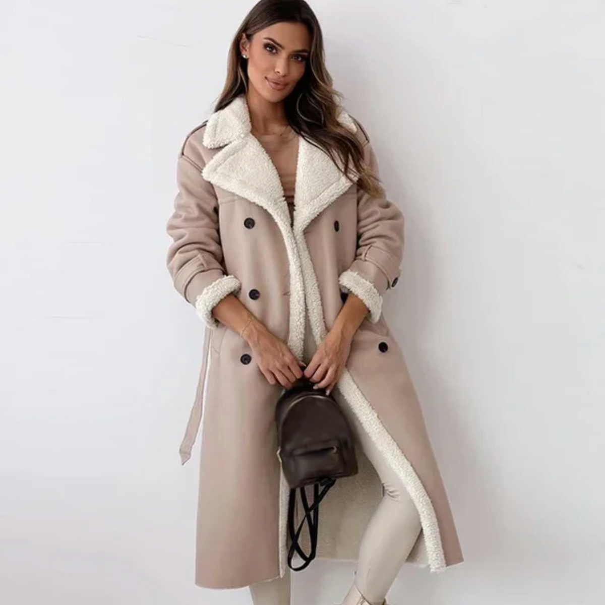 Women's Long Winter Coat, Shearling Trim, Double-Breasted