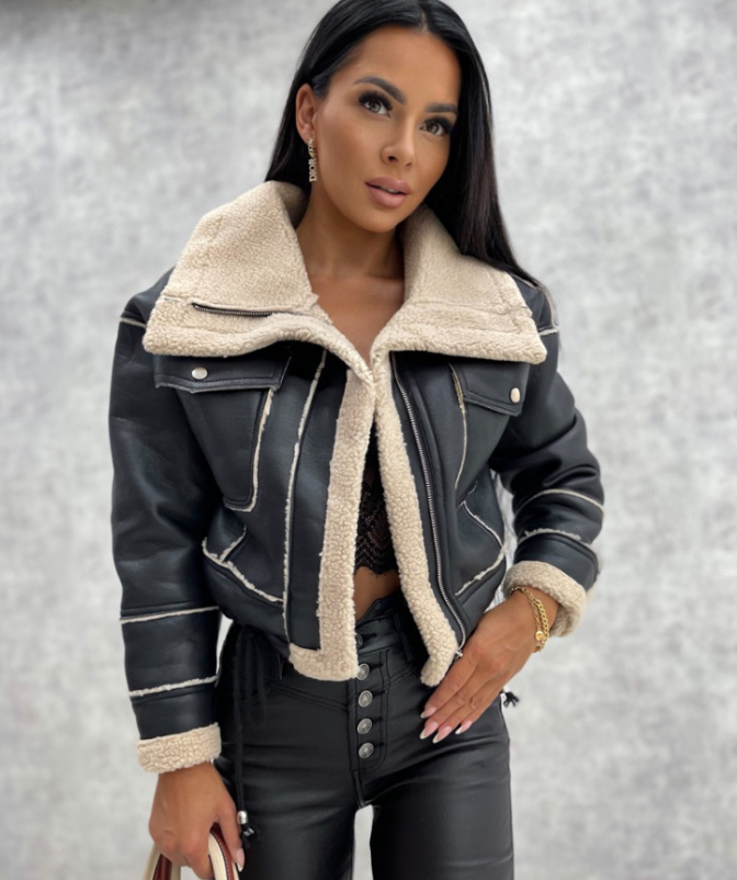 Women's Faux Leather Winter Coat – Zip-Up Pocket Jacket