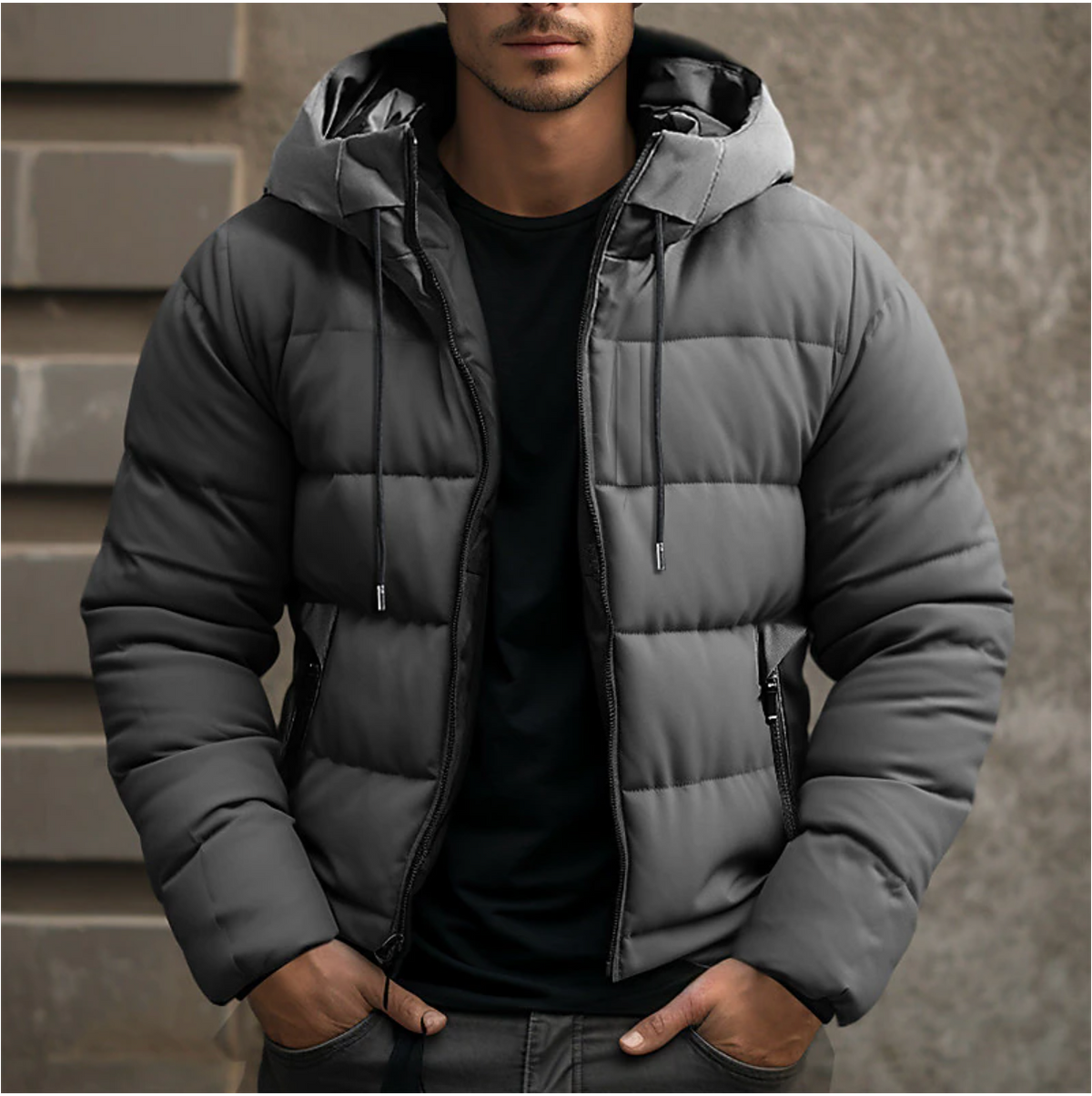 Men's Hooded Puffer Jacket, Quilted, Long Sleeves, Zip Front
