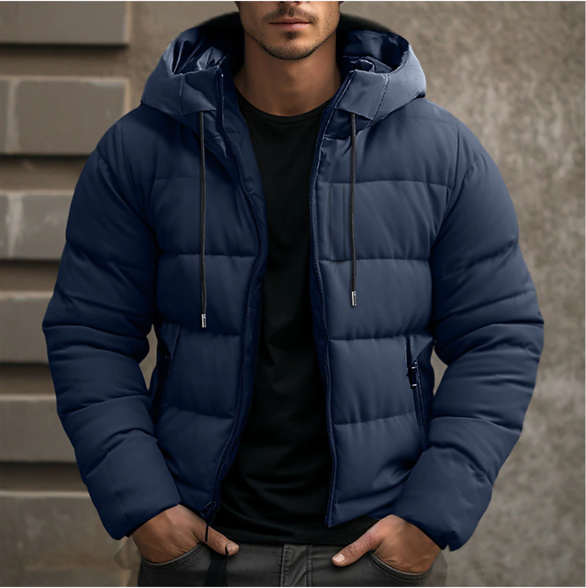 Men's Hooded Puffer Jacket, Quilted, Long Sleeves, Zip Front