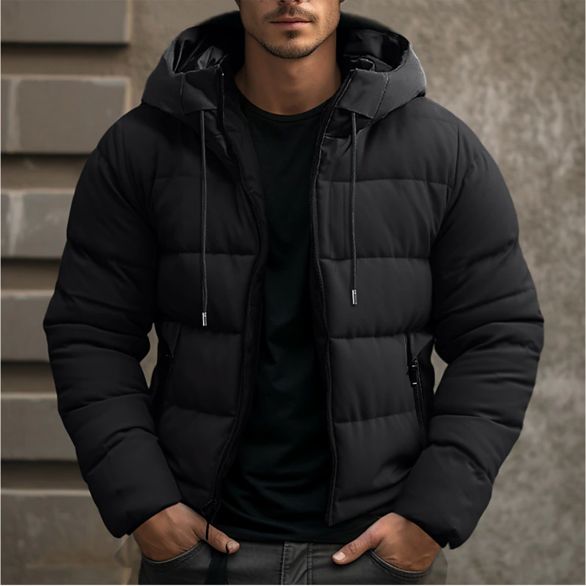 Men's Hooded Puffer Jacket, Quilted, Long Sleeves, Zip Front