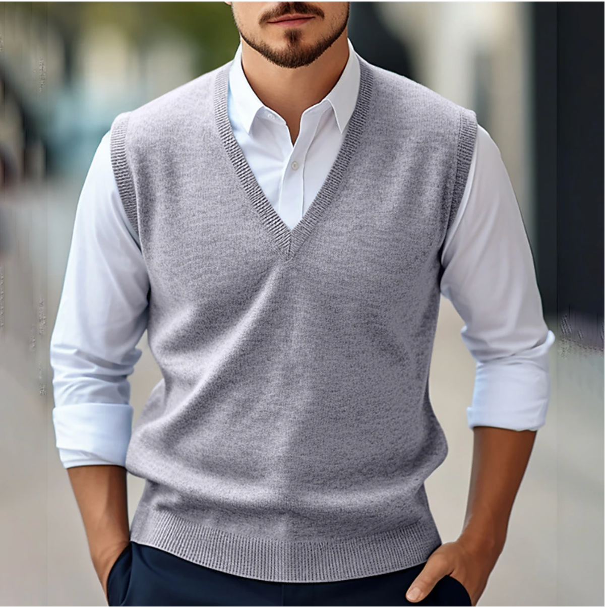 Men's Sleeveless V-Neck Sweater, Fine Knit, Ribbed Trim