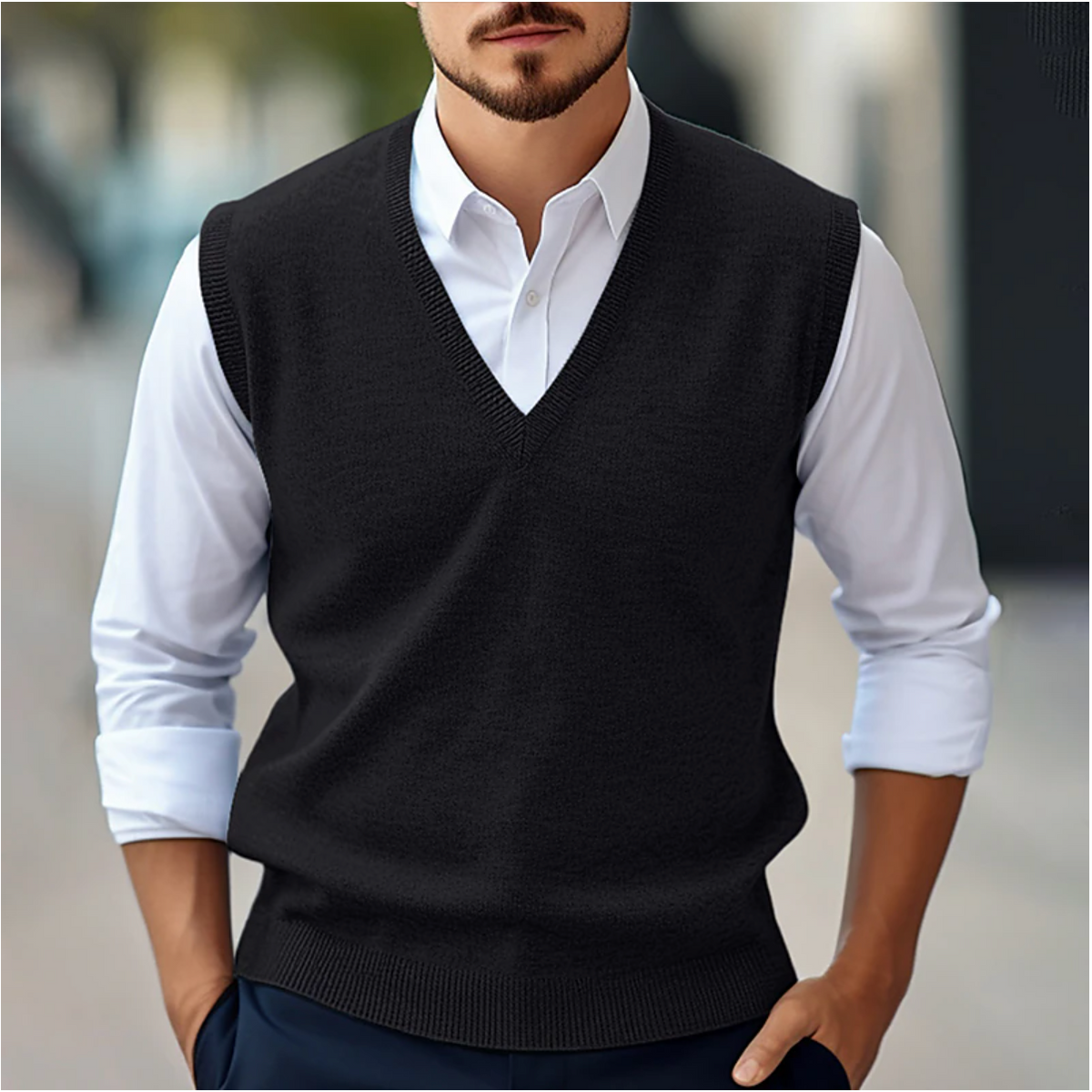 Men's Sleeveless V-Neck Sweater, Fine Knit, Ribbed Trim