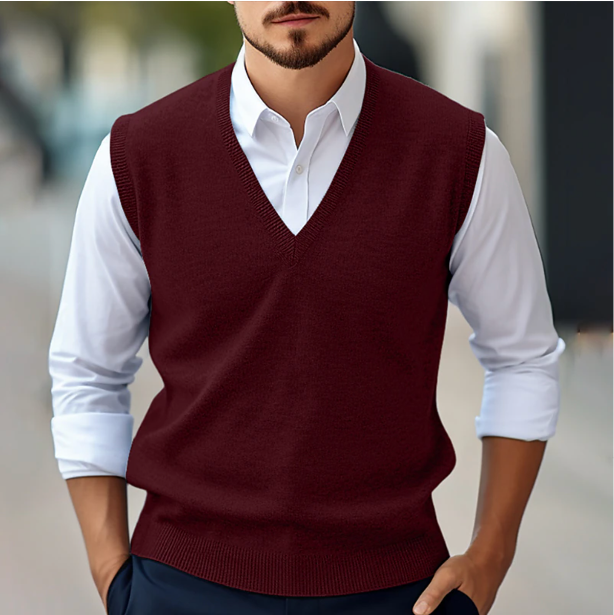 Men's Sleeveless V-Neck Sweater, Fine Knit, Ribbed Trim