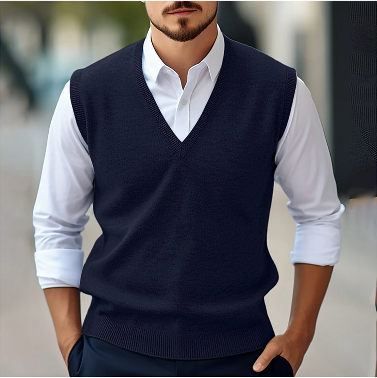 Men's Sleeveless V-Neck Sweater, Fine Knit, Ribbed Trim