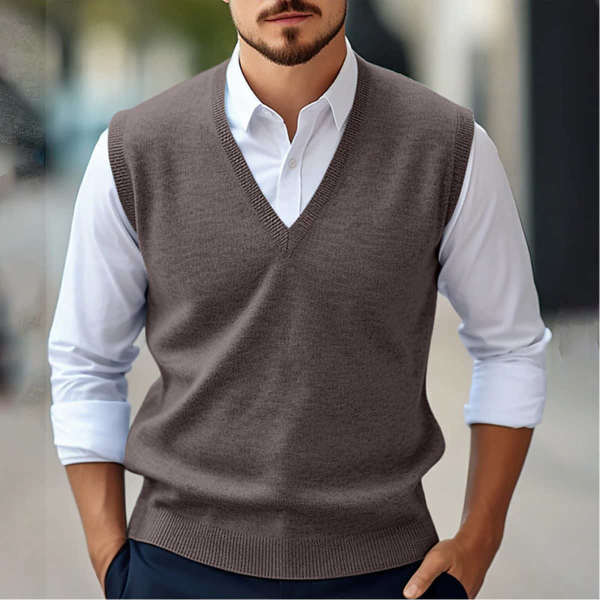 Men's Sleeveless V-Neck Sweater, Fine Knit, Ribbed Trim