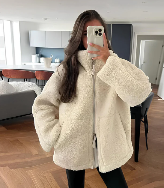Misty | Womens Teddy Zip-Up Jacket with High Neck | Relaxed Fit, Soft Warm Teddy | Beige, White and Bronze S-XL