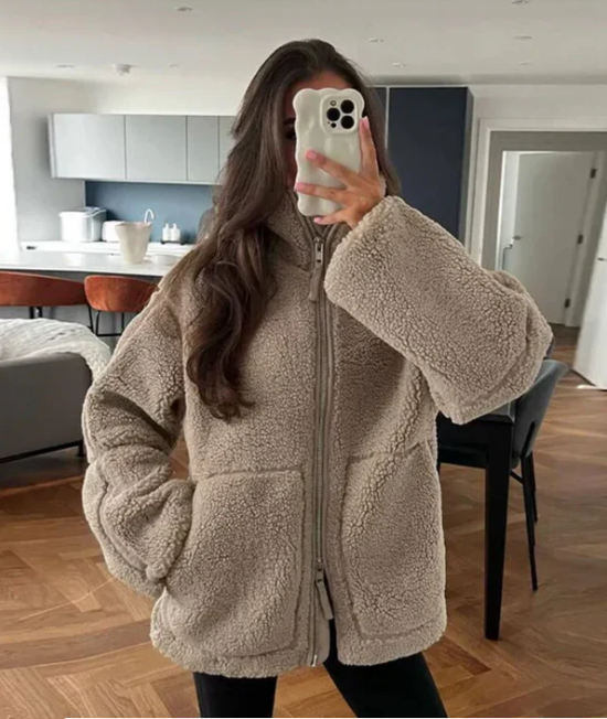 Misty | Womens Teddy Zip-Up Jacket with High Neck | Relaxed Fit, Soft Warm Teddy | Beige, White and Bronze S-XL
