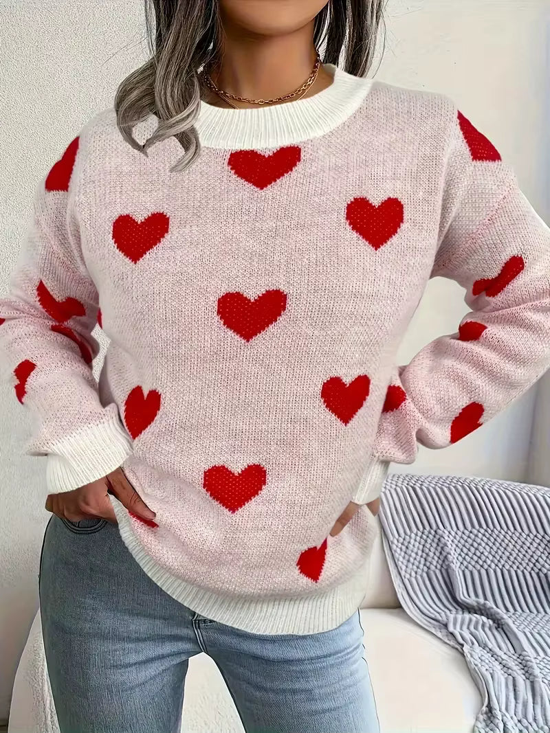 Women's Hearts-Pattern Sweater, Relaxed Fit