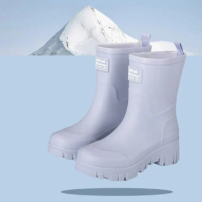 Women's Waterproof Boots in Molded Rubber | Block Heel, Mid Calf Shaft, Deep Treaded Outsole | Sizes 3.5-7.5, 4 Colors