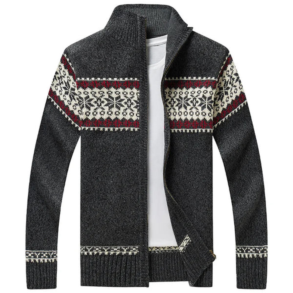Men's Patterned Knit Cardigan, High Collar, Zip Front