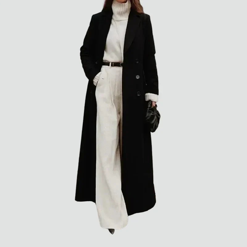 Women's Black Long Double-Breasted Coat, Notched Lapels